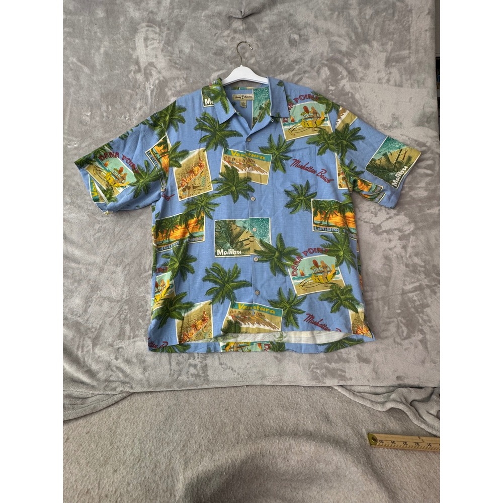 Tommy Bahama Mens XL Silk California Postcard Palm Tree Blue Hawaiian Shirt